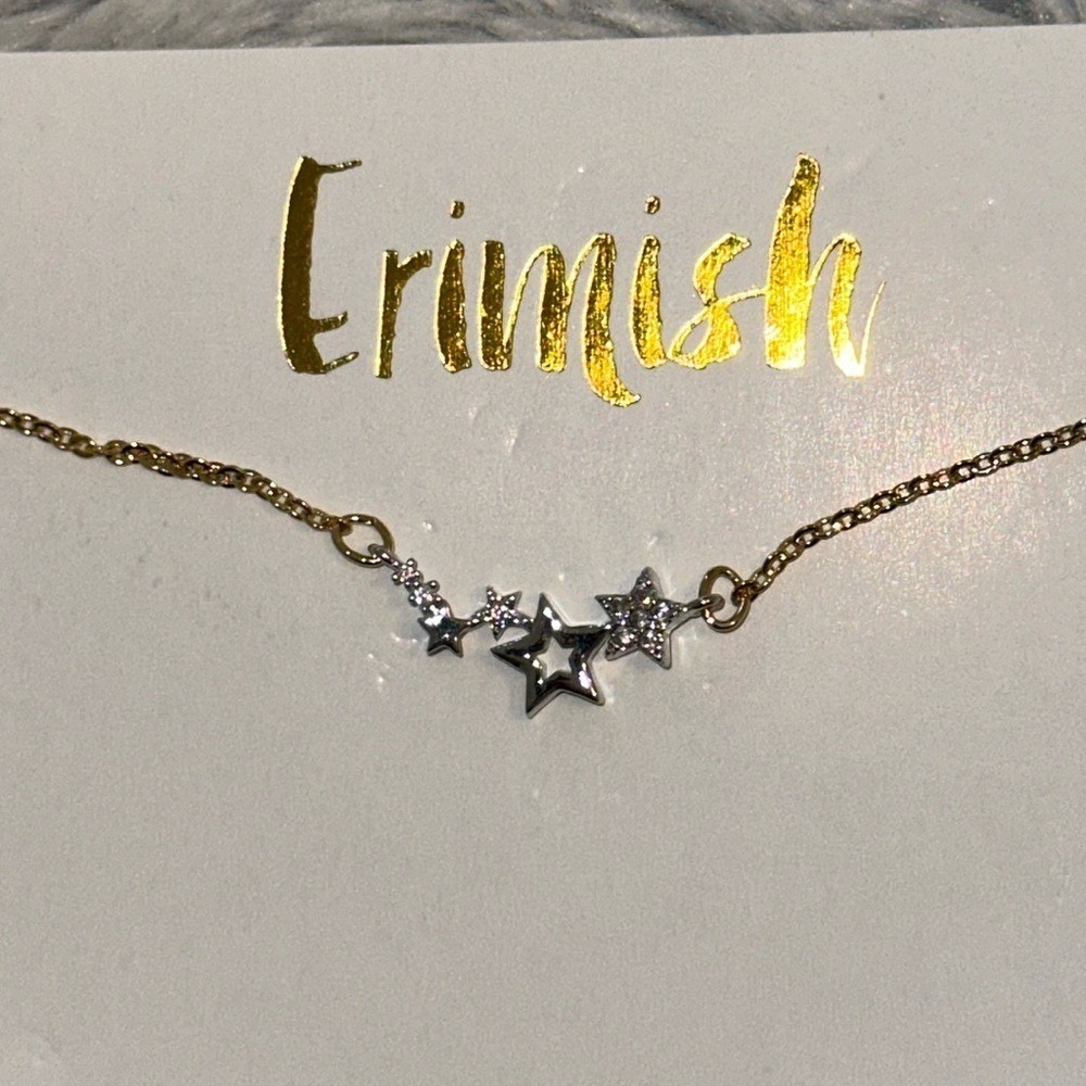 Erimish Celestial Star Necklace Gold Tone Chain Silver Stars Crystal Accents